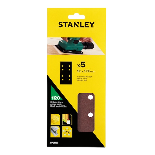 STANLEY STA31128 medium 120 grit sandpaper sheets, 93x230mm, pack of 5, front angle on white background.
