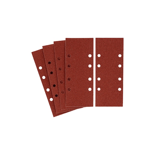 STANLEY STA31131 rectangle sandpaper sheets with punched holes, set of five, top view, white background.