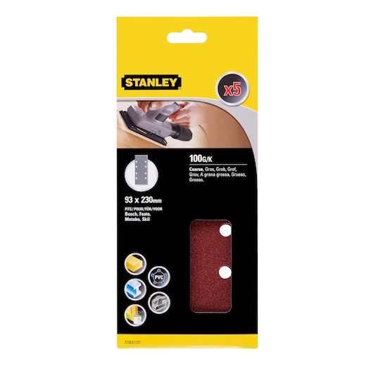 STANLEY STA31131 sanding sheet pack, 100G coarse, 93x230mm, front view on white background.