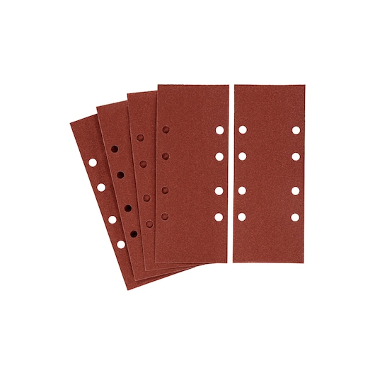 STANLEY STA31136 sanding sheets, set of five rectangular brown sheets with ventilation holes, front angle.