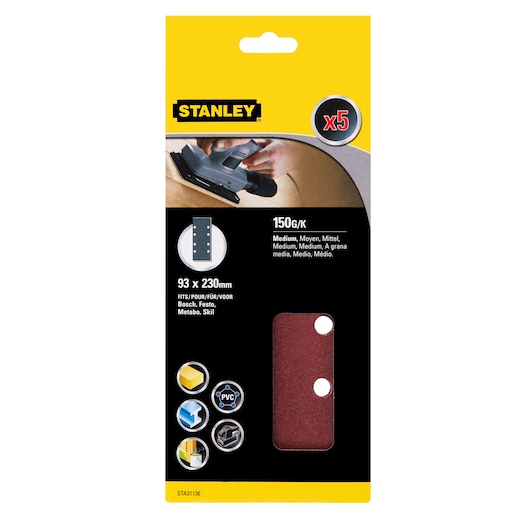 STANLEY STA31136 sanding sheets pack, 93 x 230mm, 150G, 5 medium grit sheets, for Bosch, Festo, Metabo, Skil.