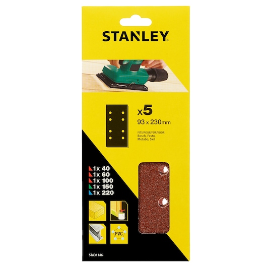 STANLEY STA31146 sanding sheets pack, 93x230mm, 5 assorted grits, visible through yellow packaging, front angle.