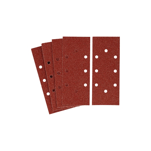 STANLEY STA31151 rectangular sanding sheets, set of five, red color, with multiple holes, top view, product photography.