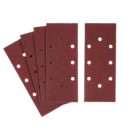 STANLEY STA31153 sanding sheets set, rectangular, red, with holes, product photo, top angle.