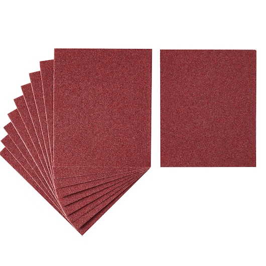 STANLEY STA31155 sandpaper sheets, maroon color, product photography on white background, fan arrangement.