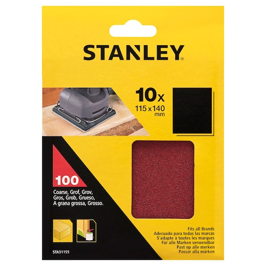 STANLEY STA31155 coarse red sanding sheets pack, photography of front packaging, product window visible.