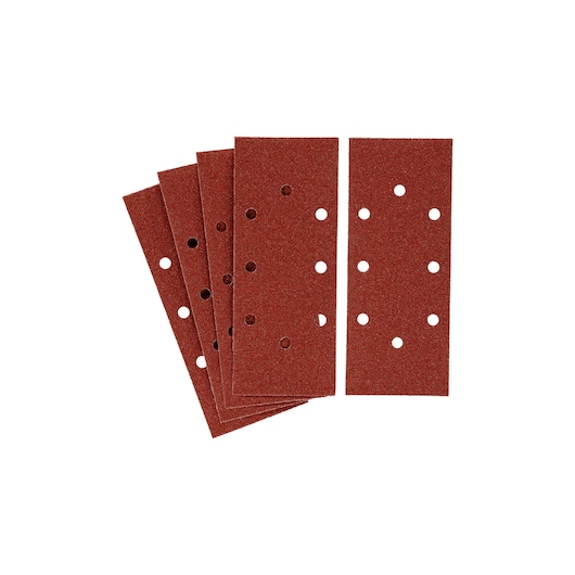 STANLEY STA31156 set of rectangular red sanding sheets with multiple holes, top view on white background.