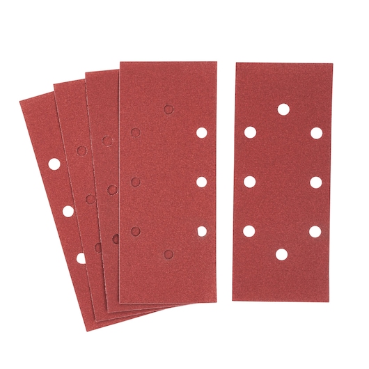 STANLEY STA31158 sanding sheets, rectangular, red, with punched holes, photography, front angle.