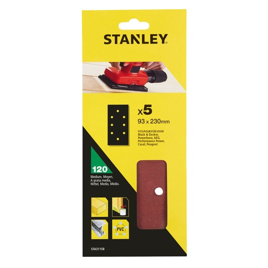 STANLEY STA31158 medium 120 grit sanding sheets, 93x230mm, red, pack of 5, photography on white background.