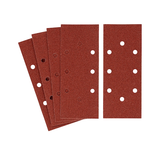 Photo of STANLEY STA31161 rectangular sanding sheets with multiple holes, shown from top view on white background.