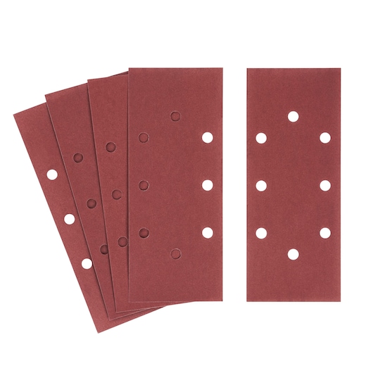 STANLEY STA31163 rectangular sanding sheets with holes, shown in fan and front view on white background.