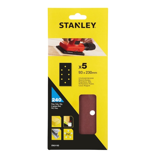 STANLEY STA31163 fine sandpaper sheets, 93x230mm, 240 grit, pack of 5, front view on white background.