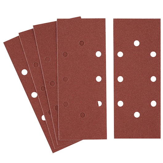 STANLEY STA31166 rectangular brown sanding sheets with ventilation holes, front angle on white background.