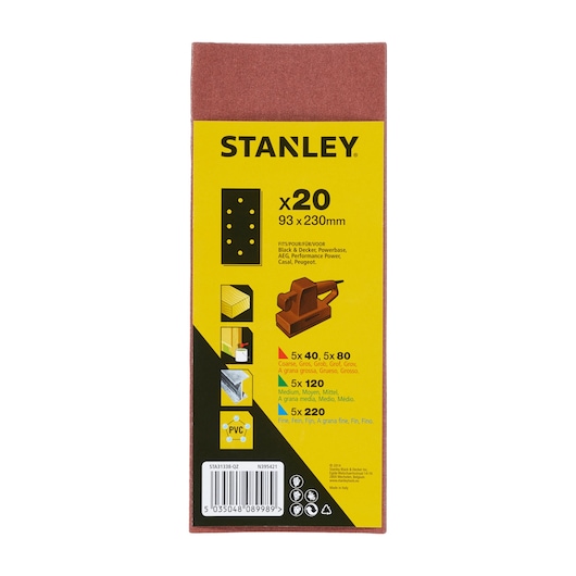 Photo of STANLEY STA31338 sanding sheets pack, yellow and black packaging, 20 sheets, 93x230mm, front view.