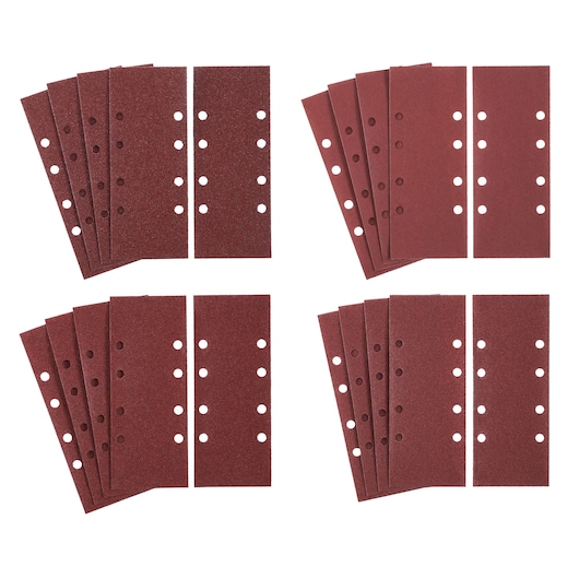 STANLEY STA31339 rectangular sanding sheets with holes, shown in packs, top-down view on white background.
