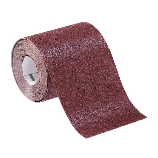 STANLEY STA31401 brown abrasive sandpaper roll, side angle, photography product category.