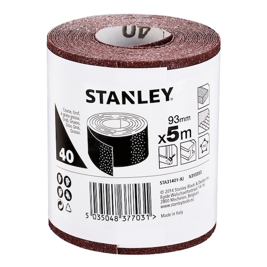 STANLEY STA31401 coarse abrasive sandpaper roll, brown, 93mm x 5m, front angle on white background.