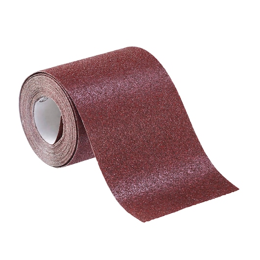 STANLEY STA31406 roll of red abrasive sandpaper, product photography, angled on white background.