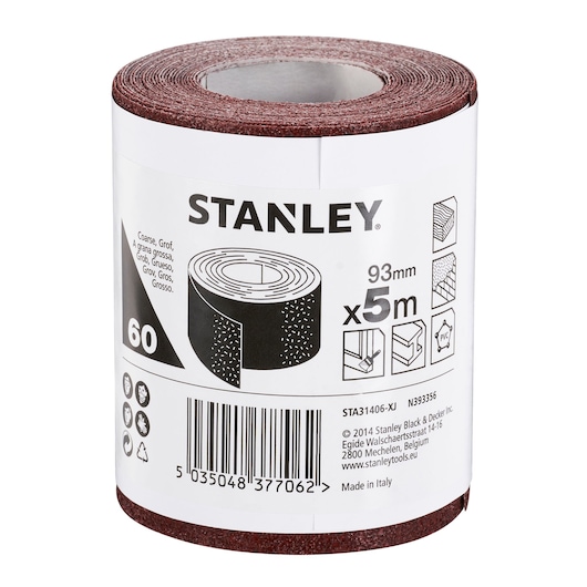 STANLEY STA31406 coarse sandpaper roll, 93mm x 5m, brown, product photo on white background.