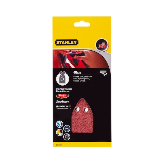 STANLEY STA31432 sanding sheet pack, photography of coarse 40G red sheets, front view on white background.