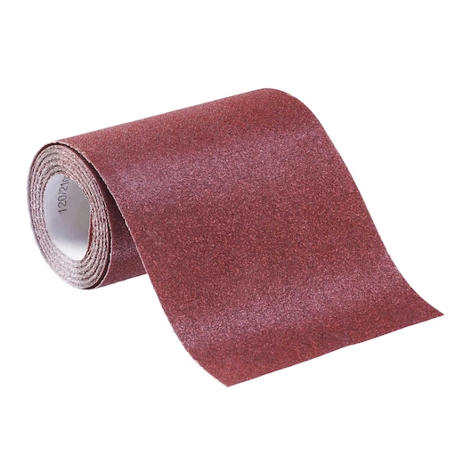 STANLEY STA31436 sandpaper roll, red abrasive surface, product photography, angled on white background.