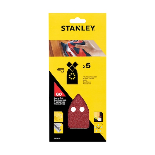 STANLEY STA31437 coarse sandpaper sheet pack, red, PVC compatible, front packaging view.