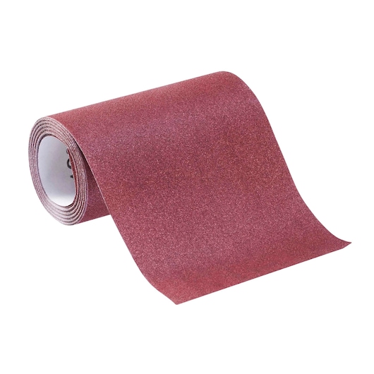 STANLEY STA31441 photography of red abrasive sandpaper roll, angled on white background.