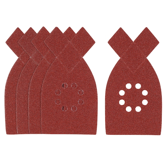 Photo of STANLEY STA31442 red sanding sheets set, pointed with circular perforations, on white background.