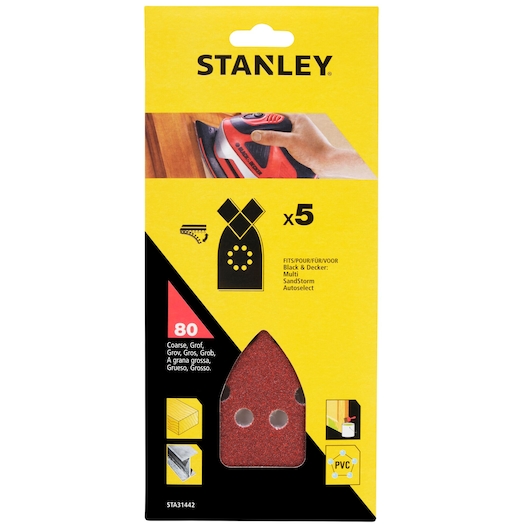 STANLEY STA31442 coarse sanding sheet pack, 80 grit, set of 5, shown in front packaging photo.