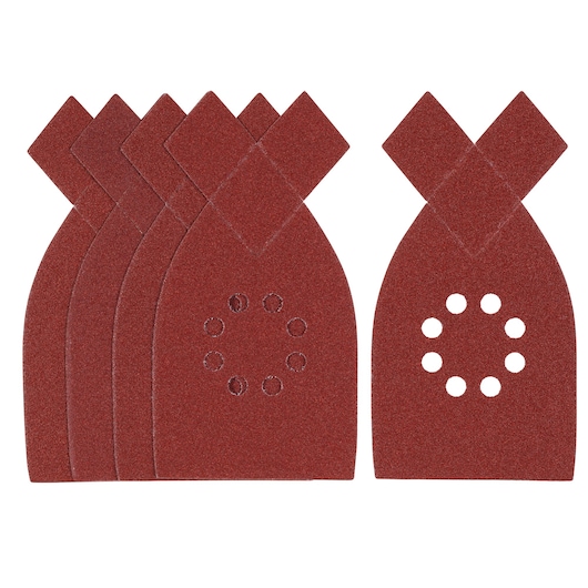 STANLEY STA31447 pack of red triangular sanding sheets with circular holes, photo from front on white background.