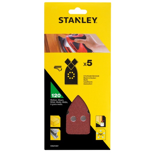 STANLEY STA31447 medium grit sanding sheets pack, photo of front packaging with five 120 grit sheets visible.