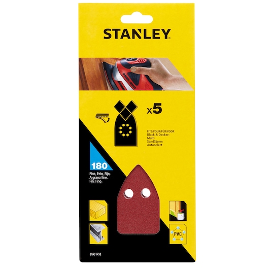 STANLEY STA31452 fine grit sanding sheets, pack of 5, for wood, metal, PVC, front view on white background.