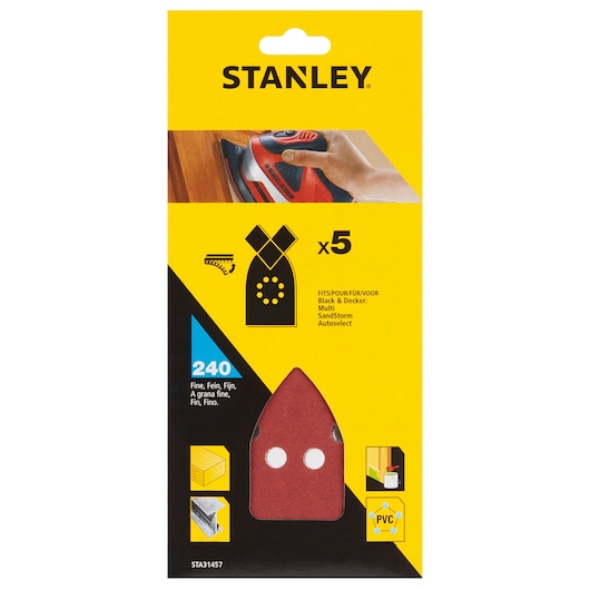STANLEY STA31457 fine 240 grit sanding sheets pack, red, photo of front packaging, product category Photography