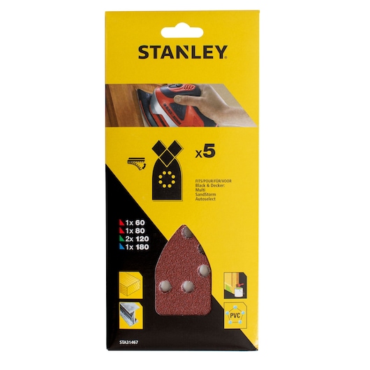 STANLEY STA31467 photography of sanding sheets pack, yellow box front angle, includes five assorted grits.