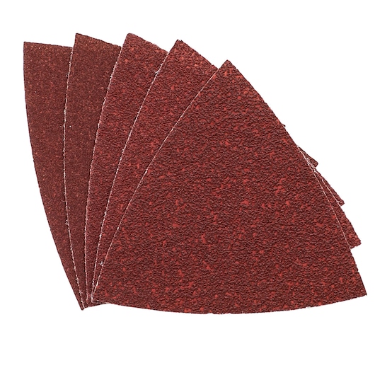 STANLEY STA31492 sanding sheets, pack of five, triangle shape, brown coarse surface, top view, product photography.