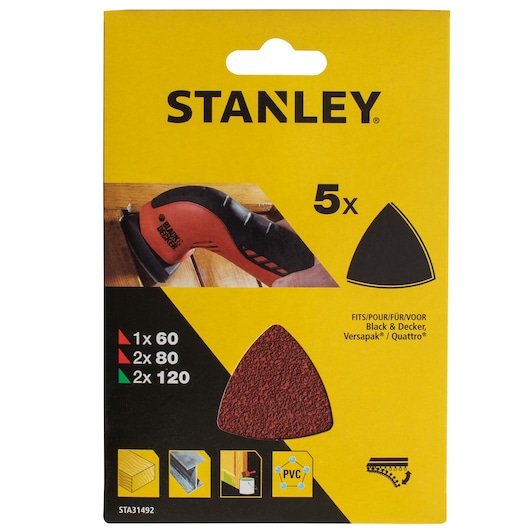 Stanley STA31492 sanding sheets pack, triangular shape, 5 pieces, front packaging angle.