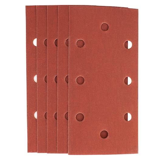 STANLEY STA31527 rectangular sanding sheets set with dust extraction holes, front angle, red abrasive surface.