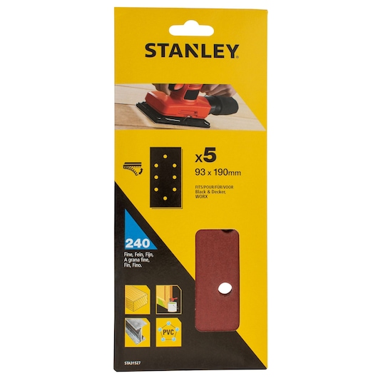 STANLEY STA31527 fine sanding sheets 93x190mm, 5 pack, for Black+Decker and Worx, front packaging view.