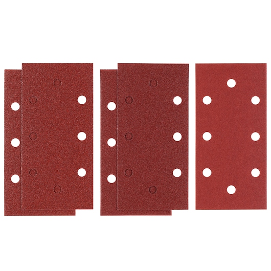 STANLEY STA31532 rectangular sanding sheets with eight holes, brown, set of three, top view, photography of abrasives.