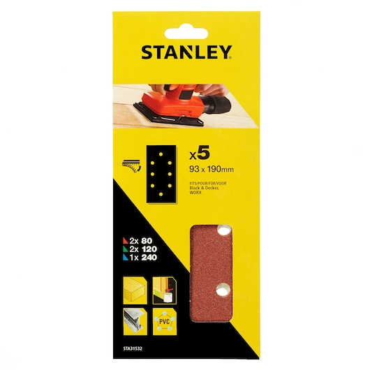 STANLEY STA31532 sandpaper sheets 93x190mm, pack of 5, front packaging photo, red abrasive visible.