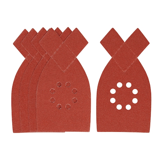 Photo of STANLEY STA31582 sanding sheets with 8-hole pattern, shown front view, red color, set of five.