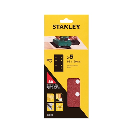 STANLEY STA31582 photography of 93x190mm coarse sanding sheets pack, 80 grit, for Bosch sanders, front angle.