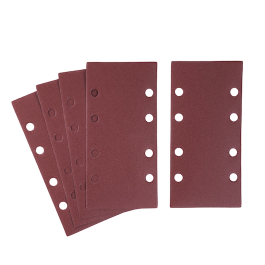 STANLEY STA31592 brown rectangular sanding sheets with holes, set of five, top view, photography.