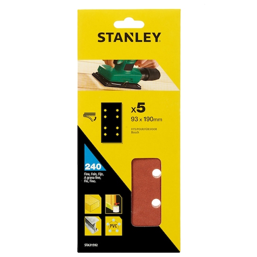 STANLEY STA31592 sanding sheets pack, 93x190mm, 240 grit, fine, set of 5, front angle on white background.