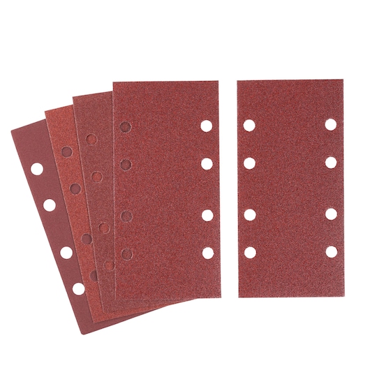 STANLEY STA31597 rectangular sanding sheets with eight holes, brown abrasive, top view, product photography.