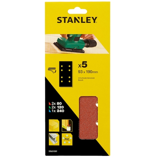 Stanley STA31597 sanding sheets pack, yellow packaging, 5 sheets, 93x190mm for Bosch sanders, front angle.