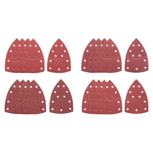 STANLEY STA31705 multi-pack triangular sanding sheets, red, top view on white background.