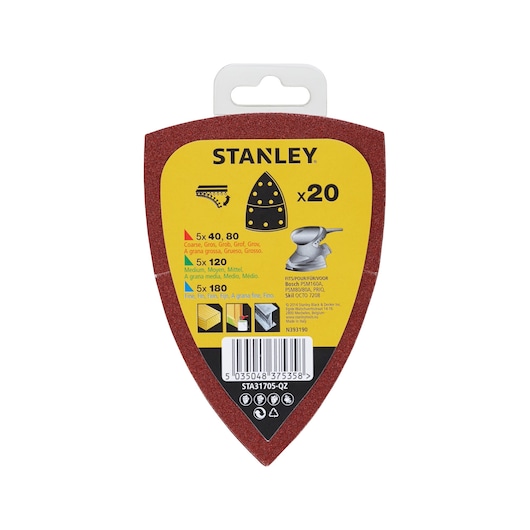 STANLEY STA31705 sanding sheets pack, 20-piece assorted grits, photo of front packaging on white background.