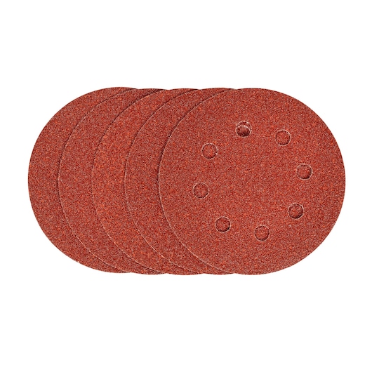 STANLEY STA32002 sanding discs, red, round with holes, front angle, photography of product set.