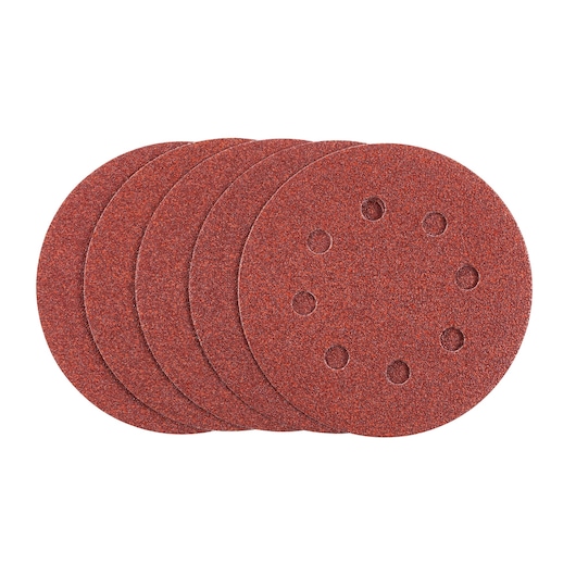 STANLEY STA32007 sanding discs, set of five round red abrasive pads with ventilation holes, top view, white background.